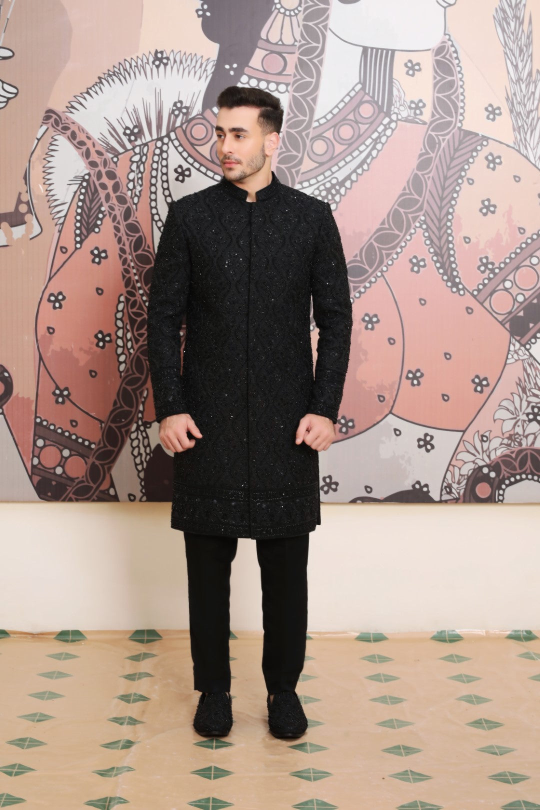 Black Ada & Kora Dabka Silk Sherwani (3-Piece) - Image 4