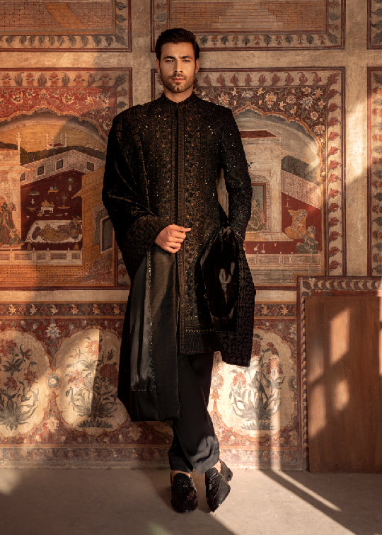 Black Embroidered Silk Sherwani (3-Piece) - Image 1