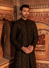 Black Embroidered Silk Sherwani (3-Piece) - Image 3