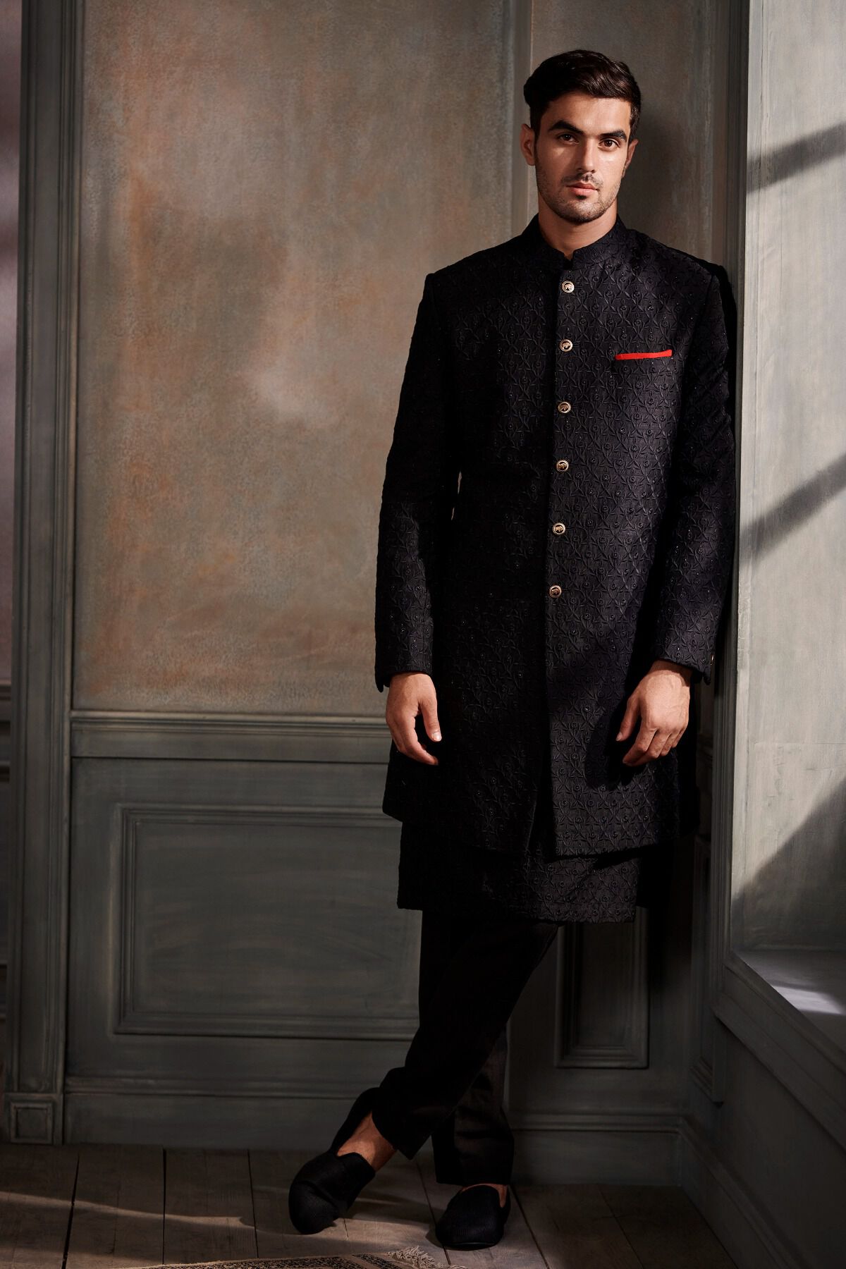 Black Embroidered Silk Sherwani (2-Piece) - Image 1
