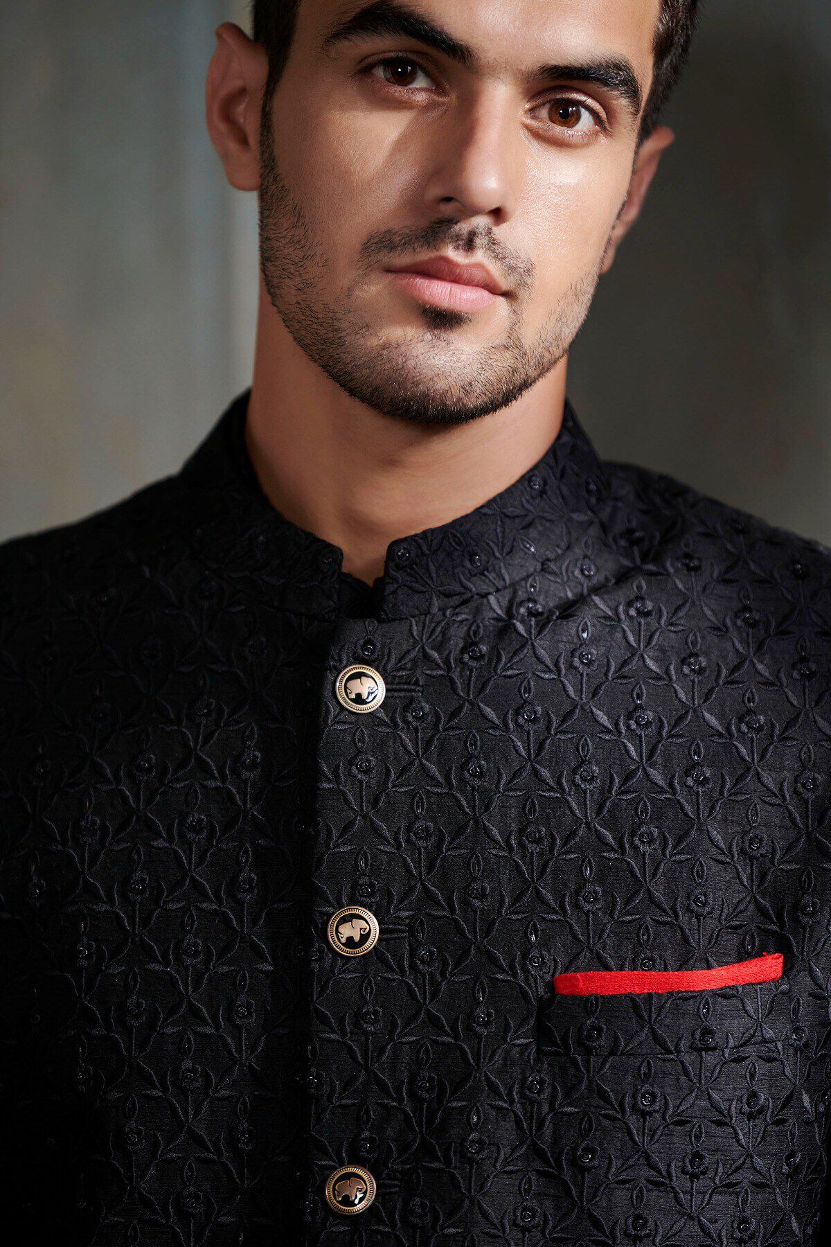 Black Embroidered Silk Sherwani (2-Piece) - Image 2