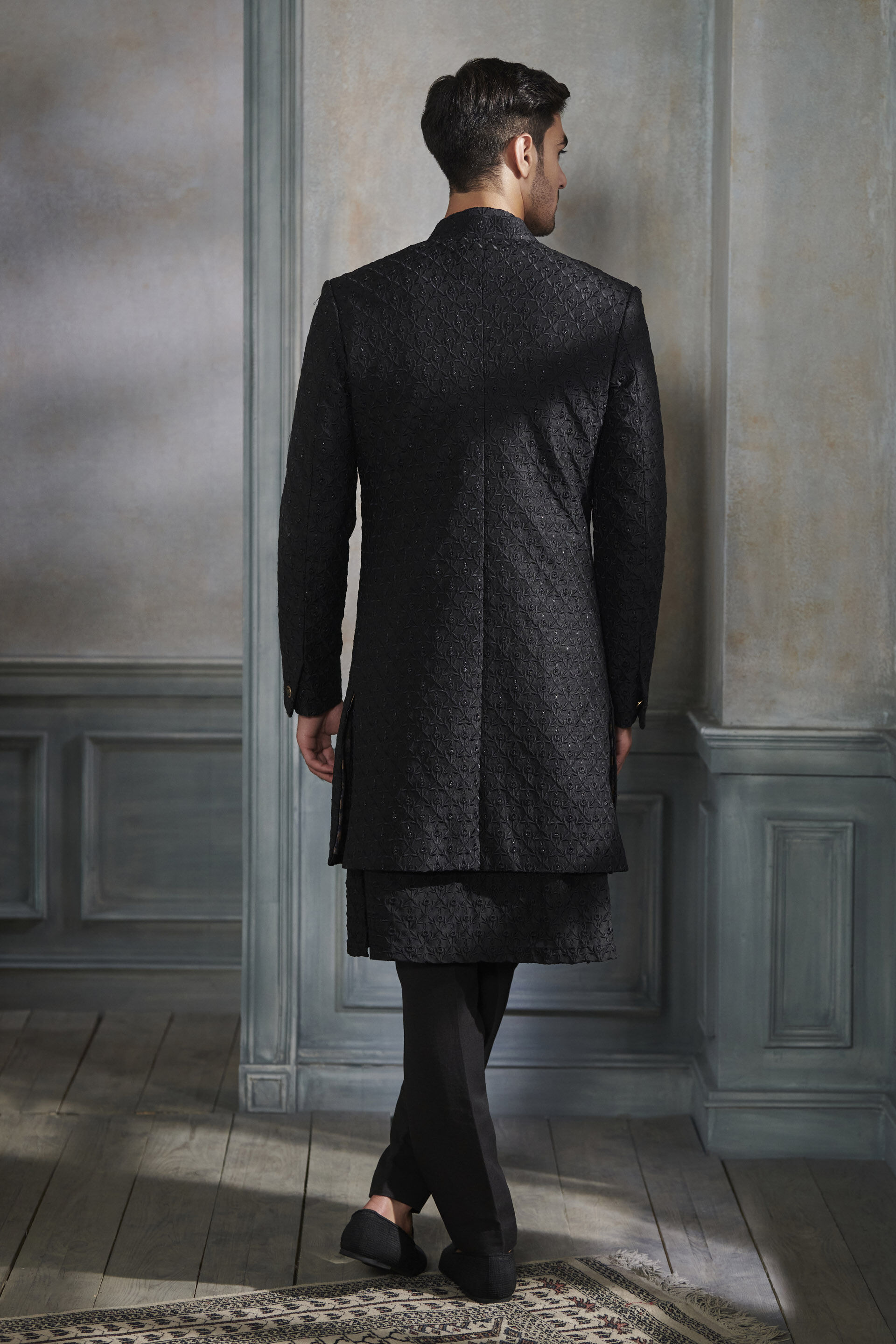 Black Embroidered Silk Sherwani (2-Piece) - Image 3