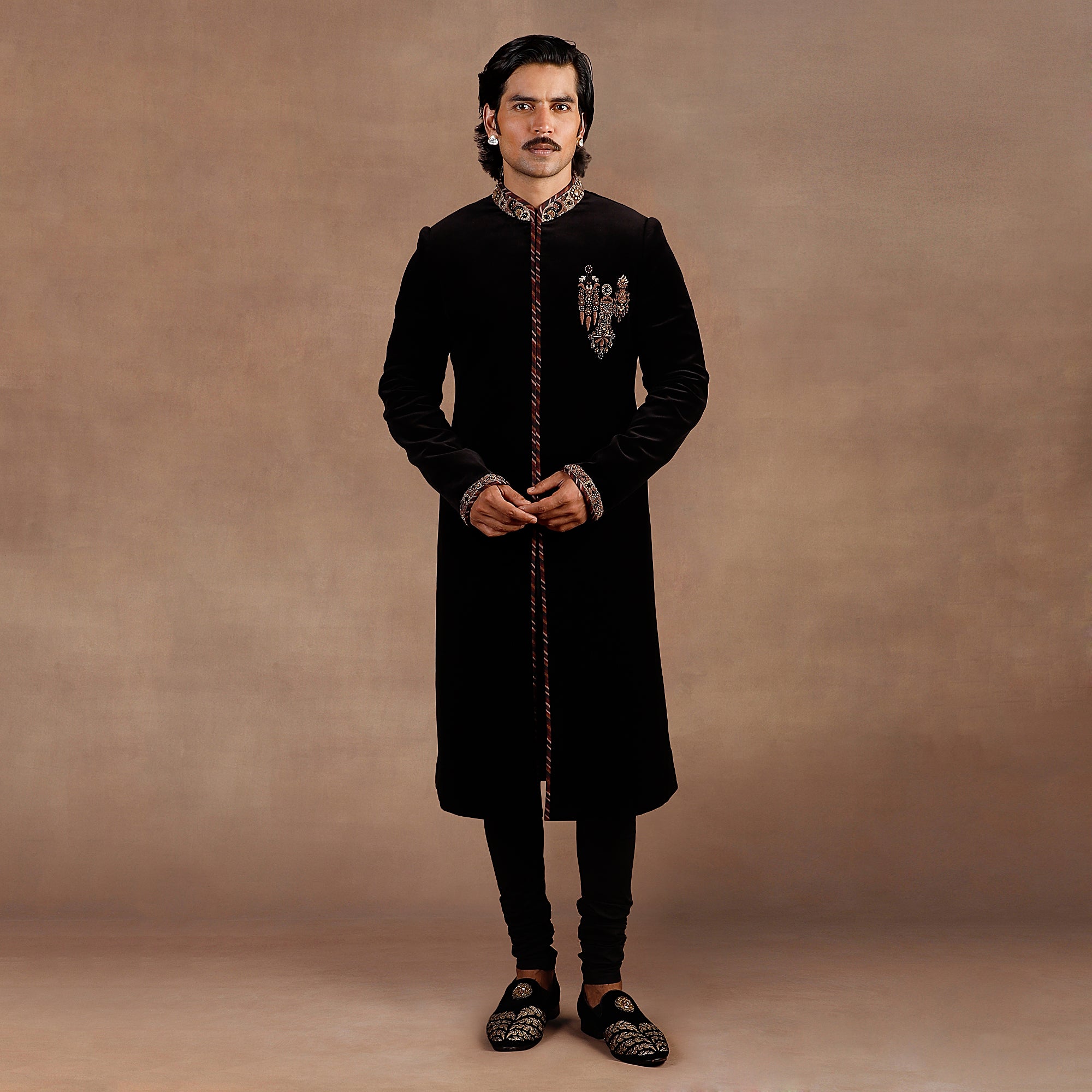 Black Antique Silver Embroidered Silk Velvet Sherwani (2-Piece) - Image 1
