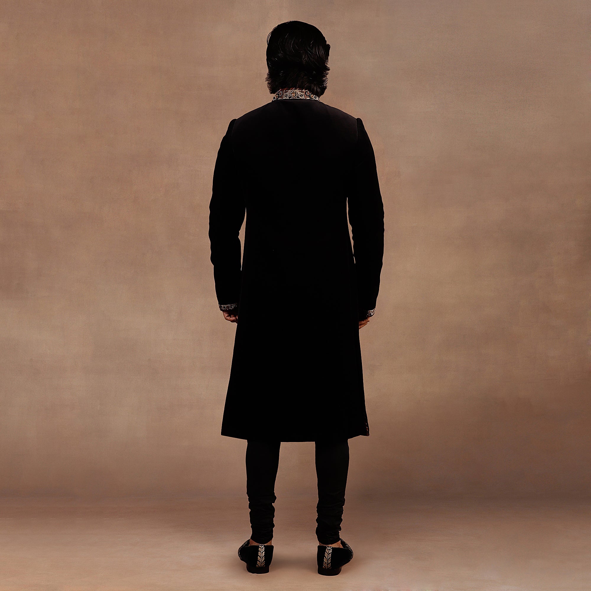 Black Antique Silver Embroidered Silk Velvet Sherwani (2-Piece) - Image 2