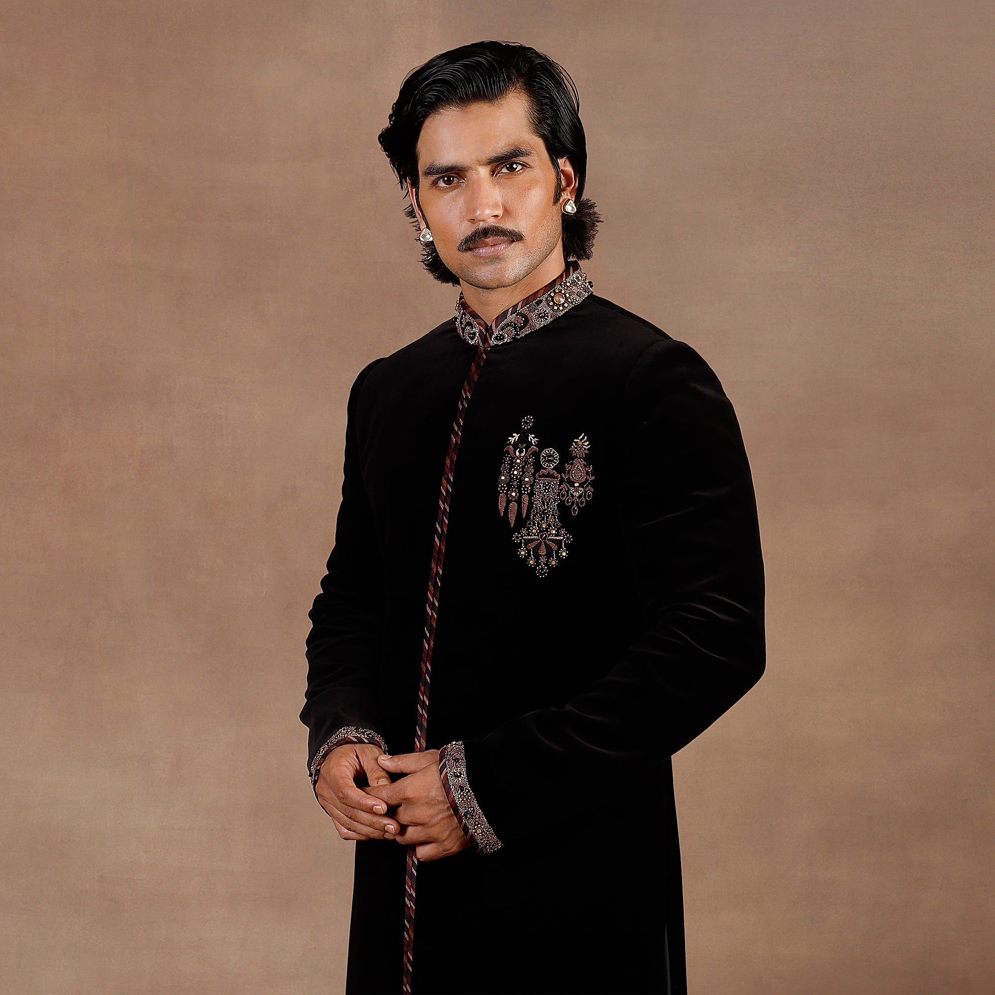 Black Antique Silver Embroidered Silk Velvet Sherwani (2-Piece) - Image 3