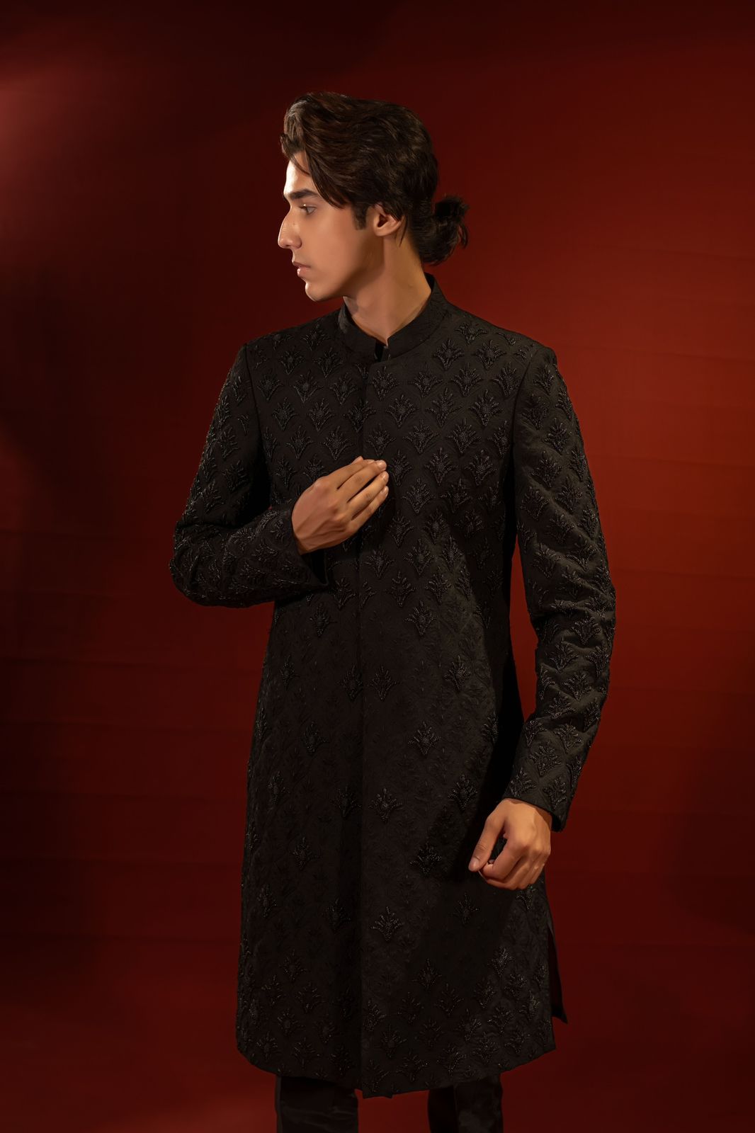 Black Thread-Embroidered Sherwani (2-Piece) - Image 2