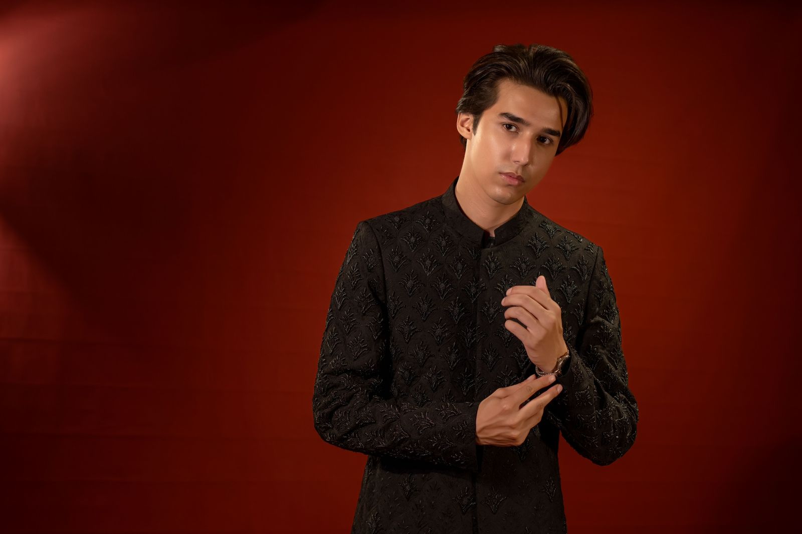 Black Thread-Embroidered Sherwani (2-Piece) - Image 5