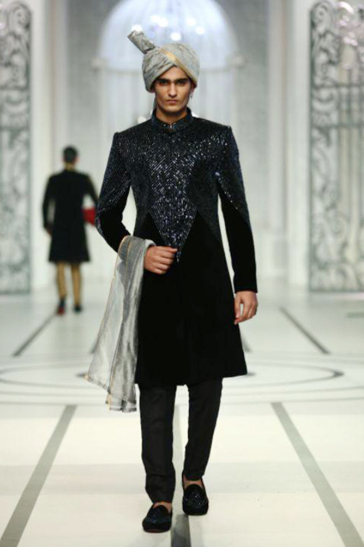Black Beaded Velvet Sherwani (3-Piece) - Image 2