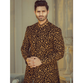 Black Hand-Embroidered Velvet Sherwani (2-Piece) - Image 2