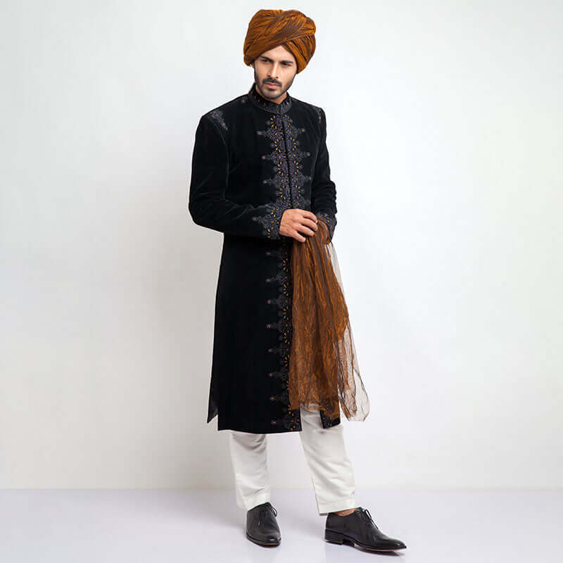 Jet Black Velvet Sherwani with Blue Zardozi (3-Piece) - Image 1