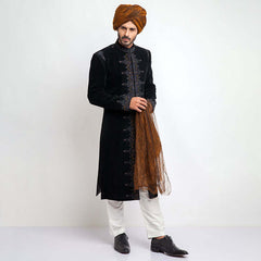 Jet Black Velvet Sherwani with Blue Zardozi (3-Piece) - Image 2