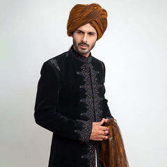 Jet Black Velvet Sherwani with Blue Zardozi (3-Piece) - Image 3