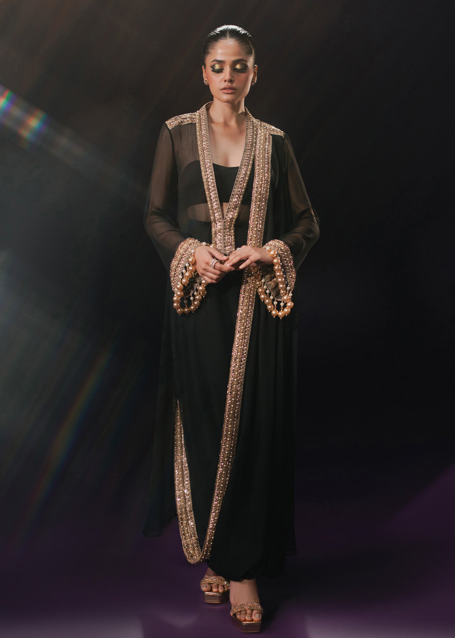 Black Zardozi Embroidered Chiffon Asymmetrical Shirt (3-Piece) - Image 1