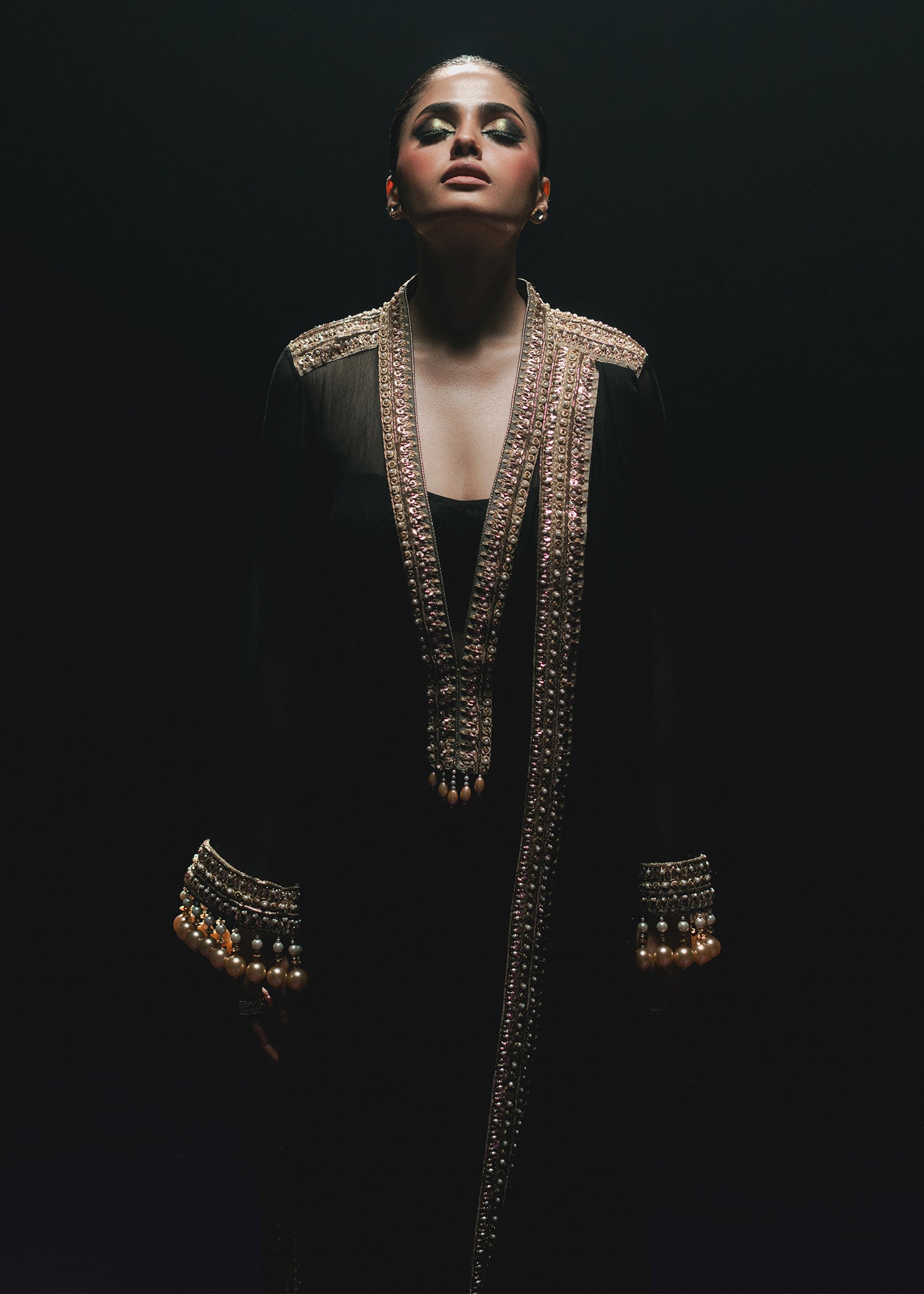 Black Zardozi Embroidered Chiffon Asymmetrical Shirt (3-Piece) - Image 11