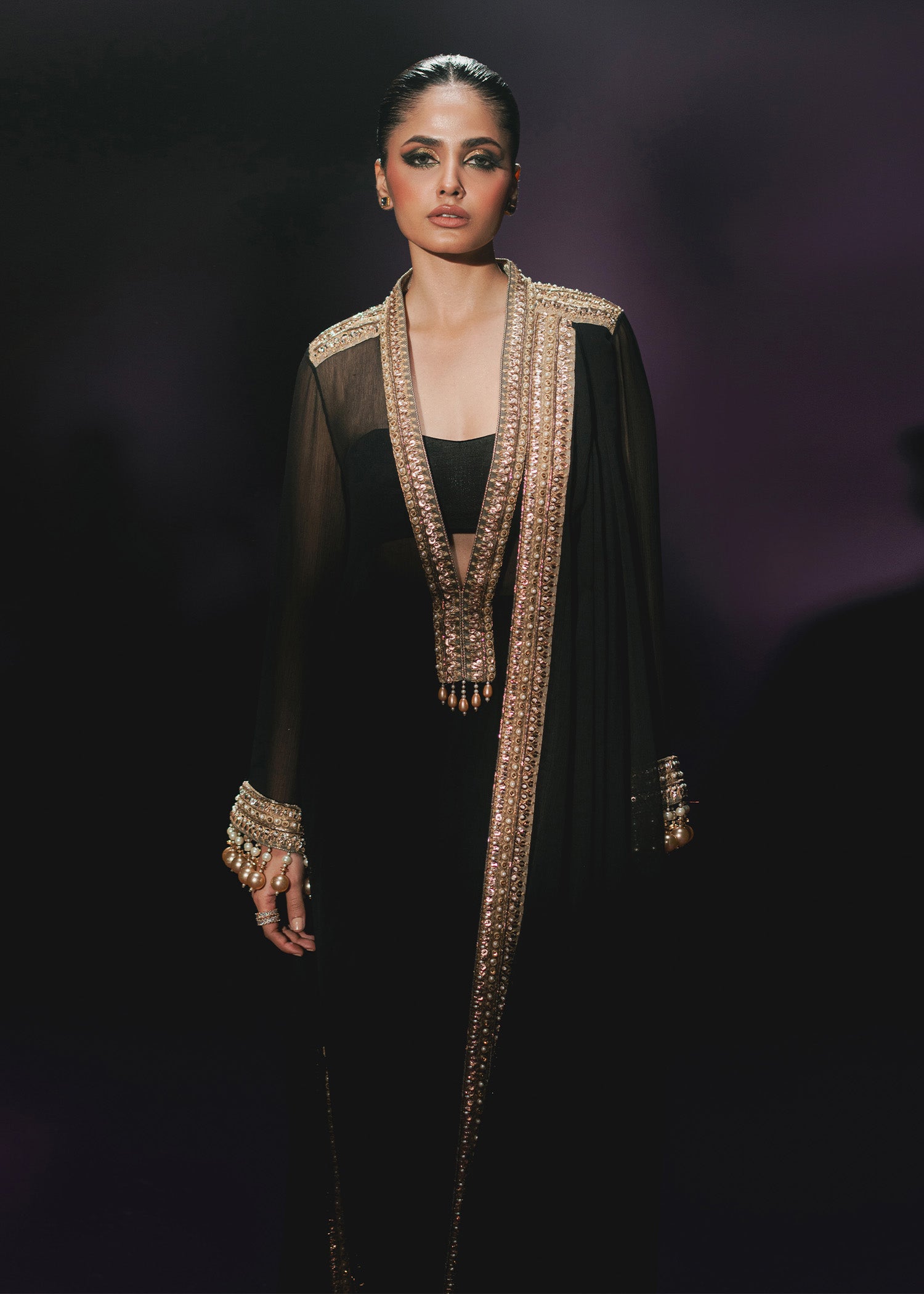 Black Zardozi Embroidered Chiffon Asymmetrical Shirt (3-Piece) - Image 2