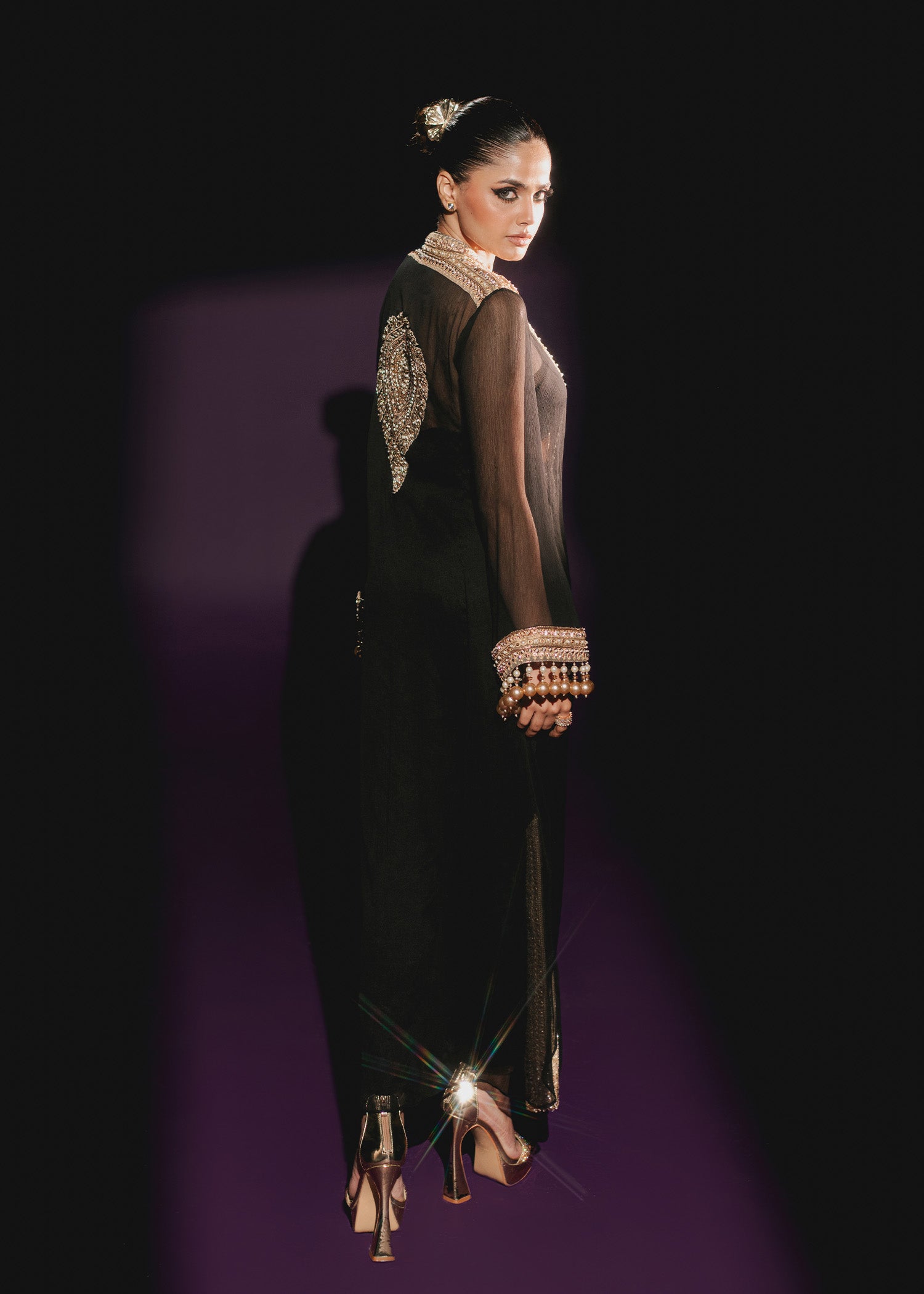 Black Zardozi Embroidered Chiffon Asymmetrical Shirt (3-Piece) - Image 4