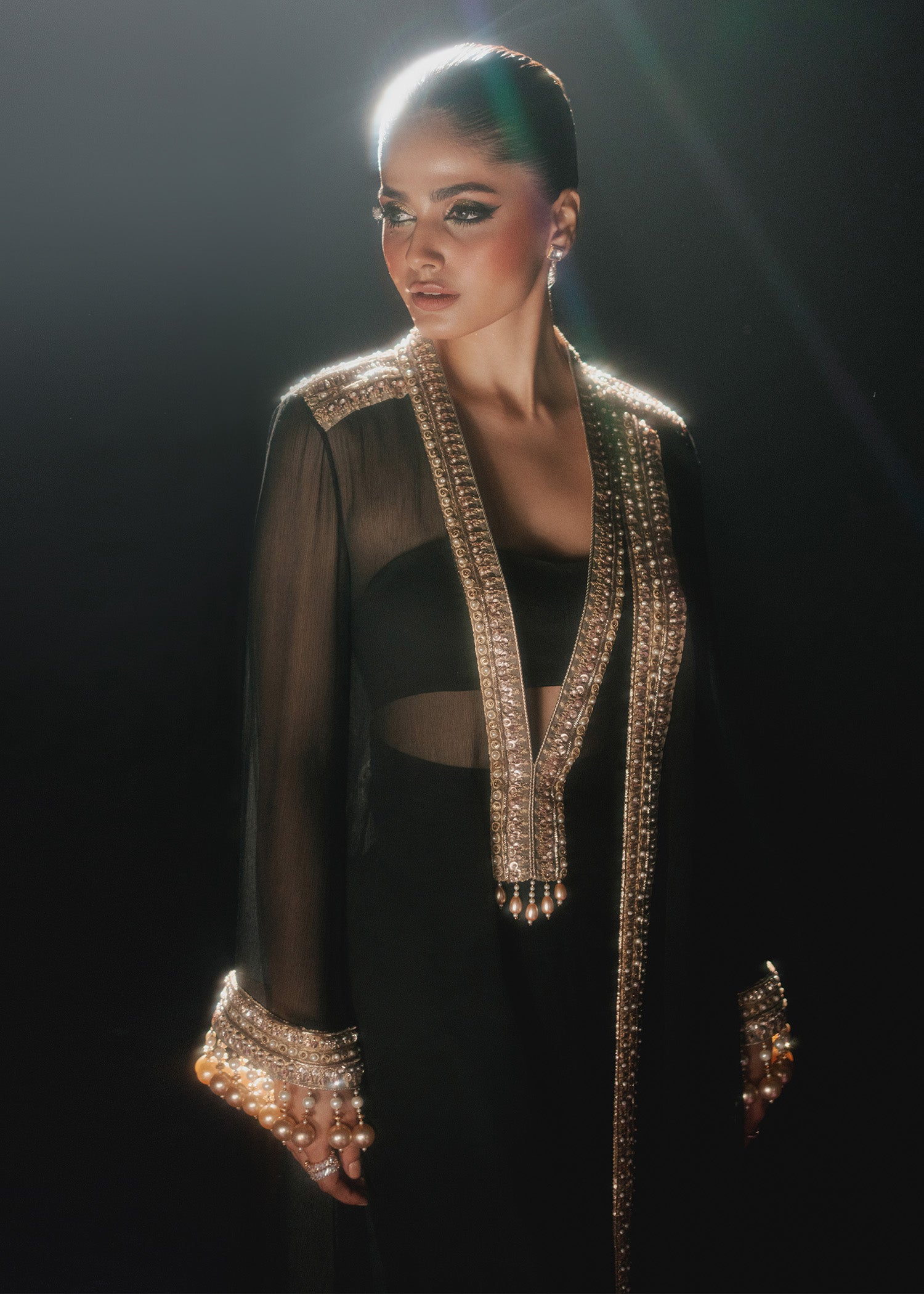 Black Zardozi Embroidered Chiffon Asymmetrical Shirt (3-Piece) - Image 5