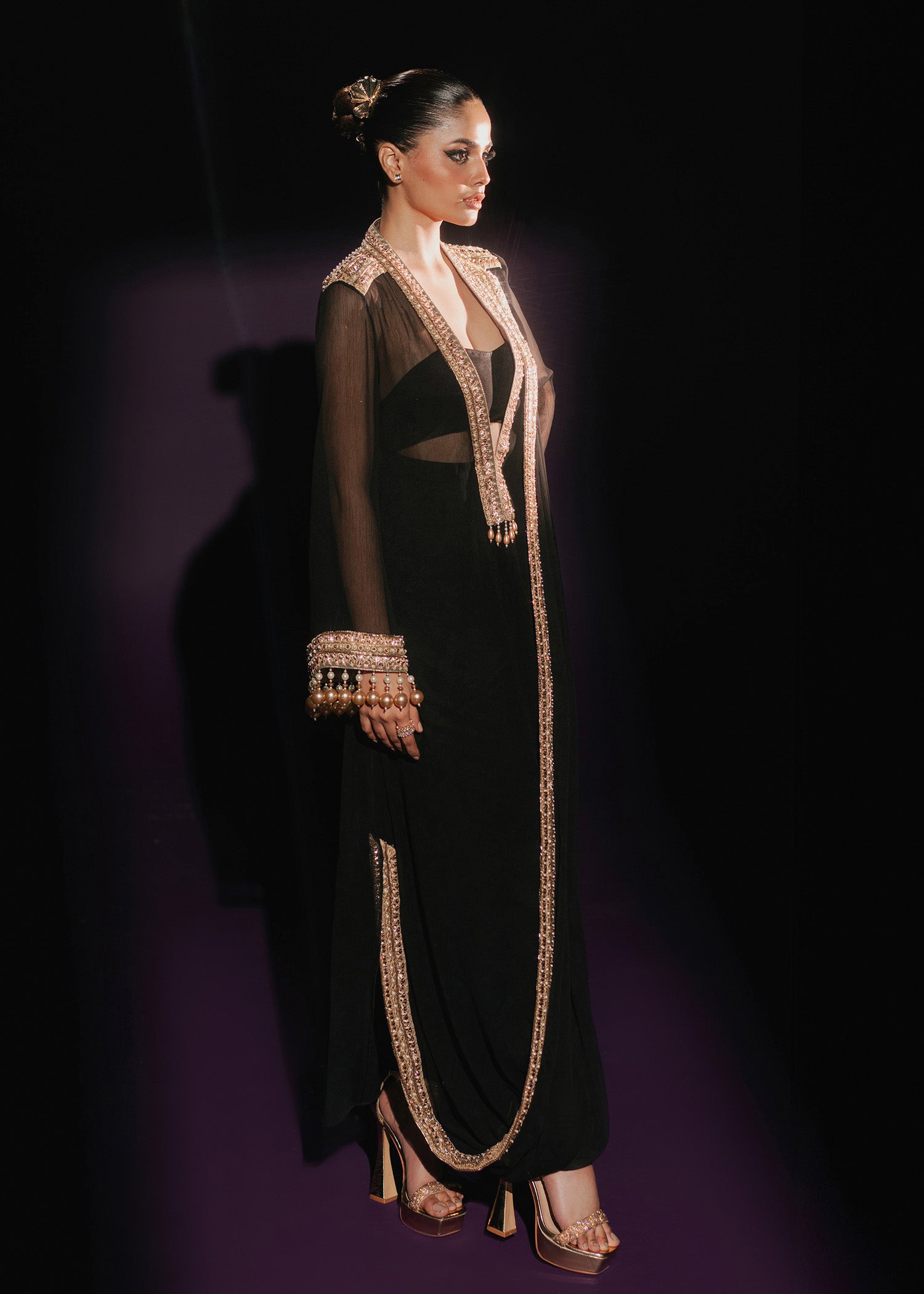 Black Zardozi Embroidered Chiffon Asymmetrical Shirt (3-Piece) - Image 6