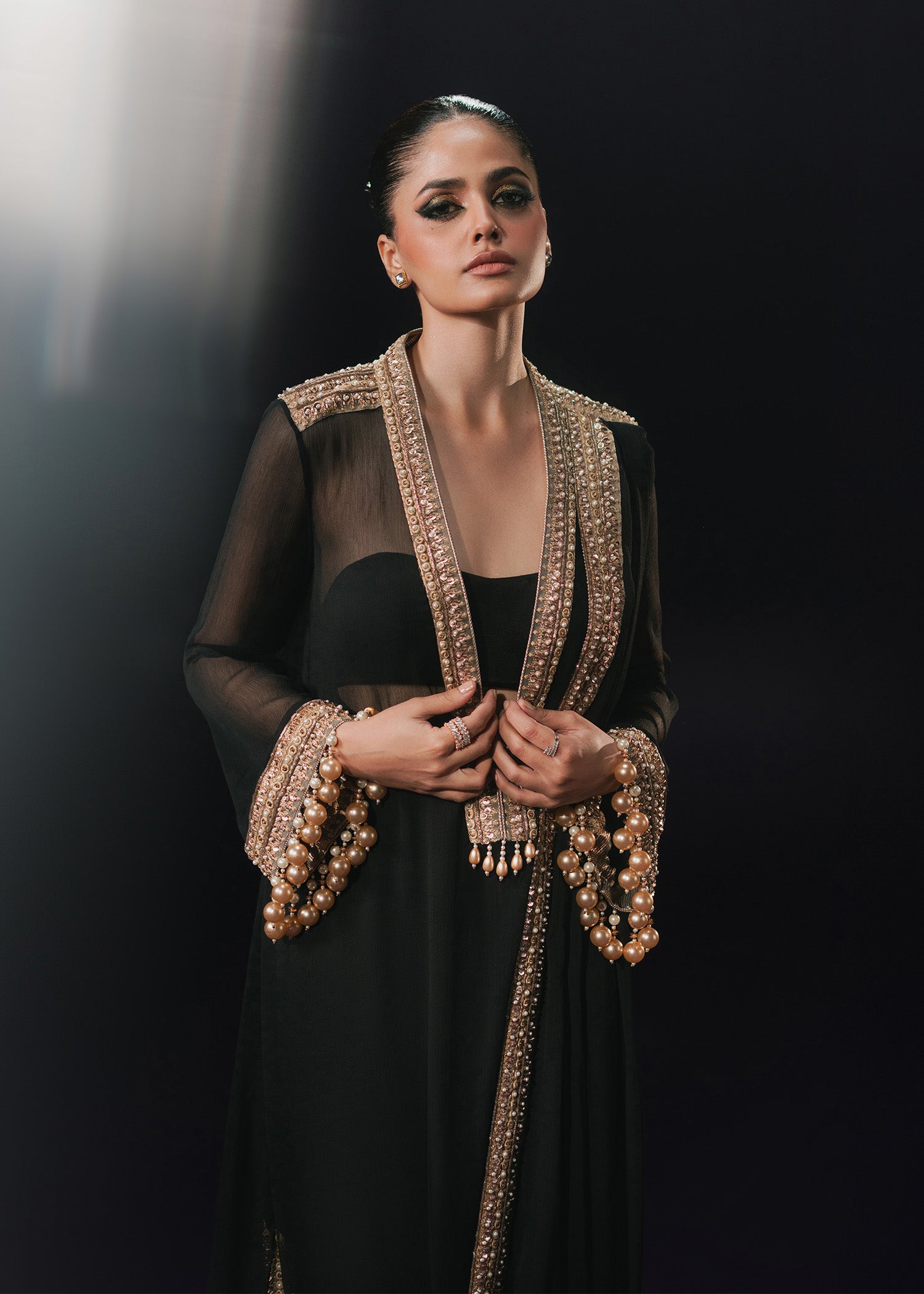 Black Zardozi Embroidered Chiffon Asymmetrical Shirt (3-Piece) - Image 8