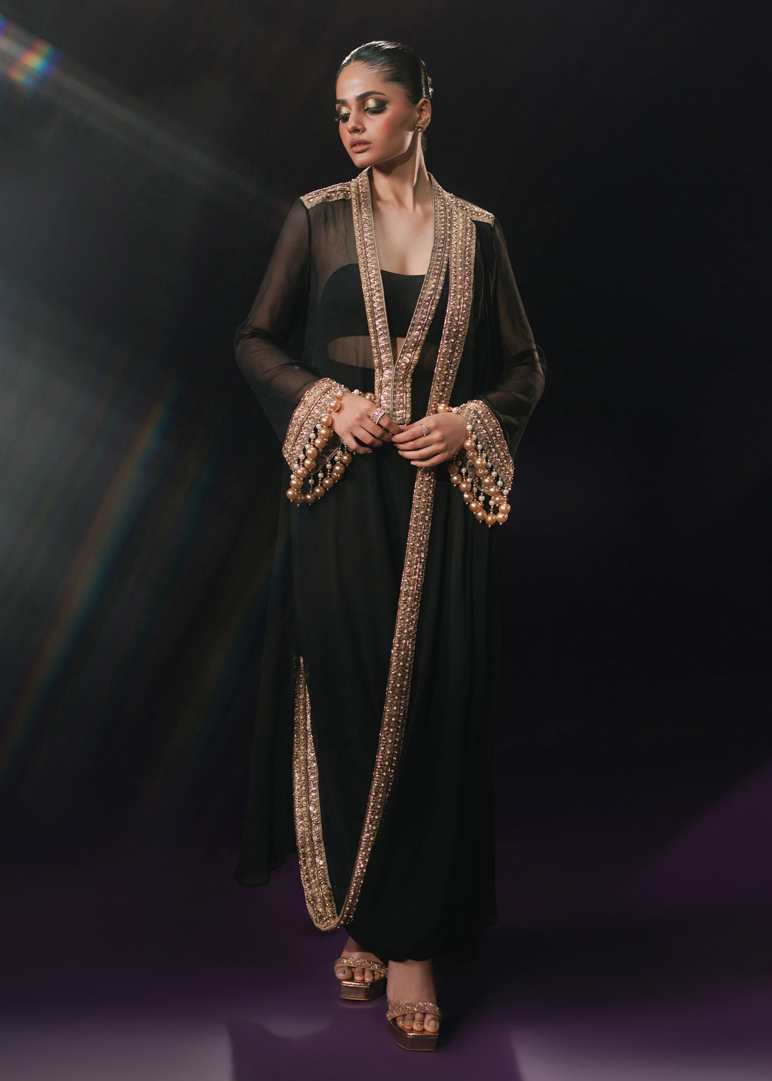 Black Zardozi Embroidered Chiffon Asymmetrical Shirt (3-Piece) - Image 9