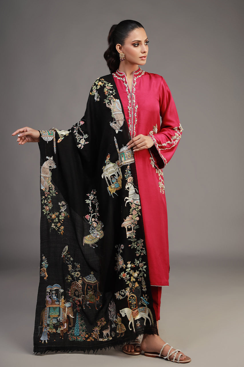 Pakistani Black Silk Thread Embroidered Pashmina Stole (1-Pc) - Image 1