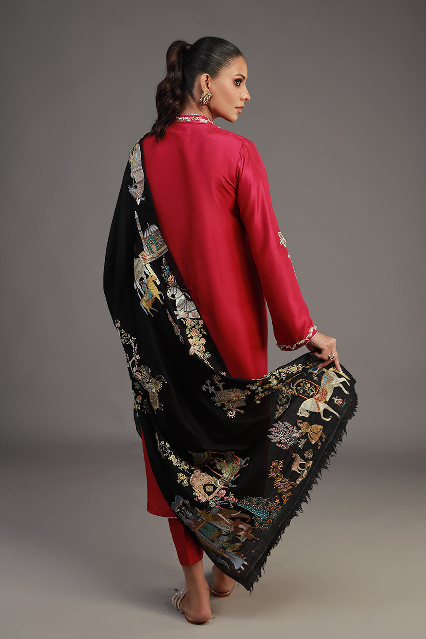 Pakistani Black Silk Thread Embroidered Pashmina Stole (1-Pc) - Image 2