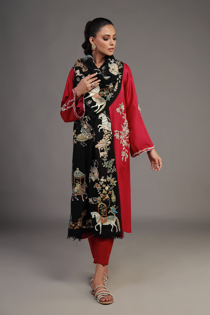 Pakistani Black Silk Thread Embroidered Pashmina Stole (1-Pc) - Image 4