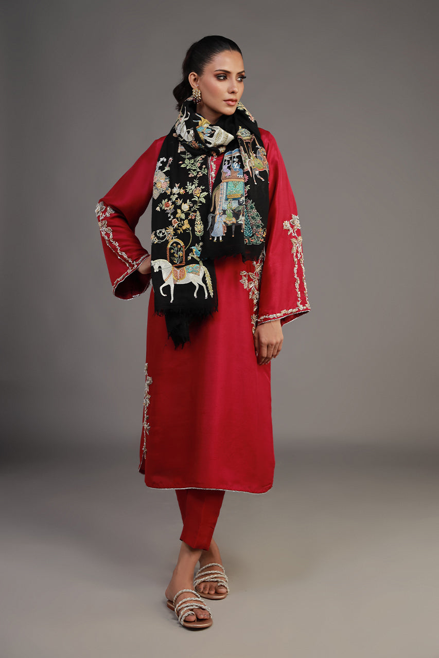 Pakistani Black Silk Thread Embroidered Pashmina Stole (1-Pc) - Image 5