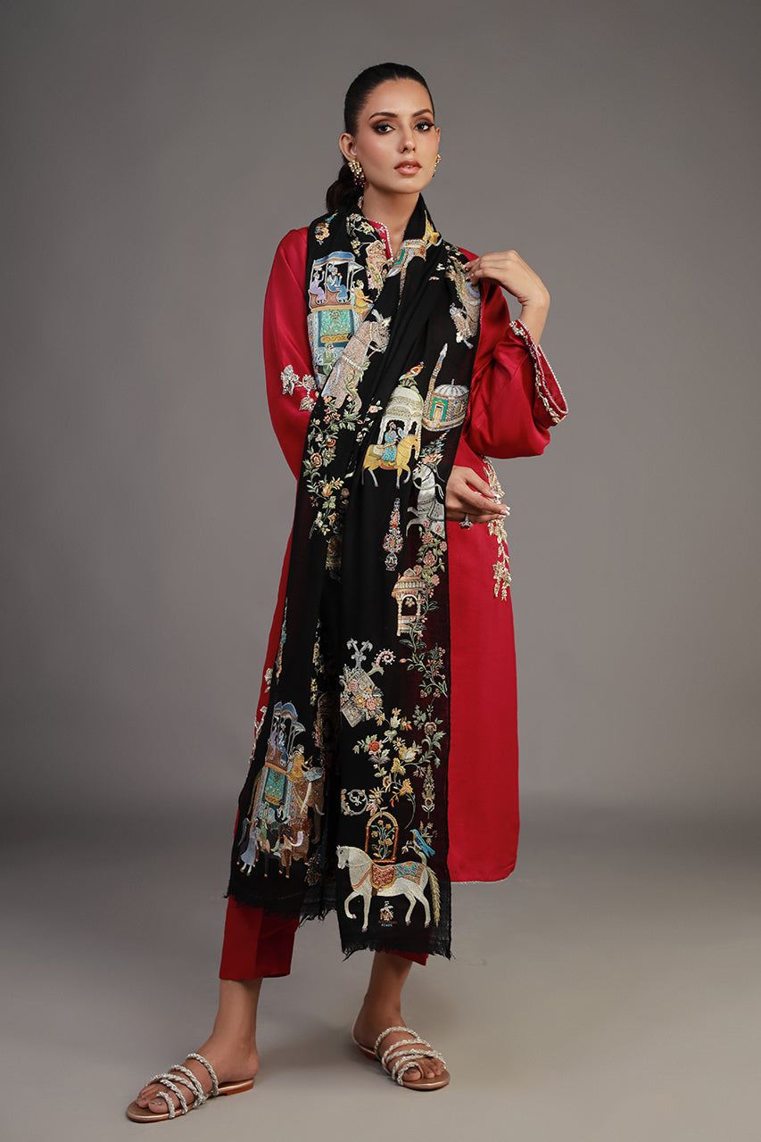 Pakistani Black Silk Thread Embroidered Pashmina Stole (1-Pc) - Image 6