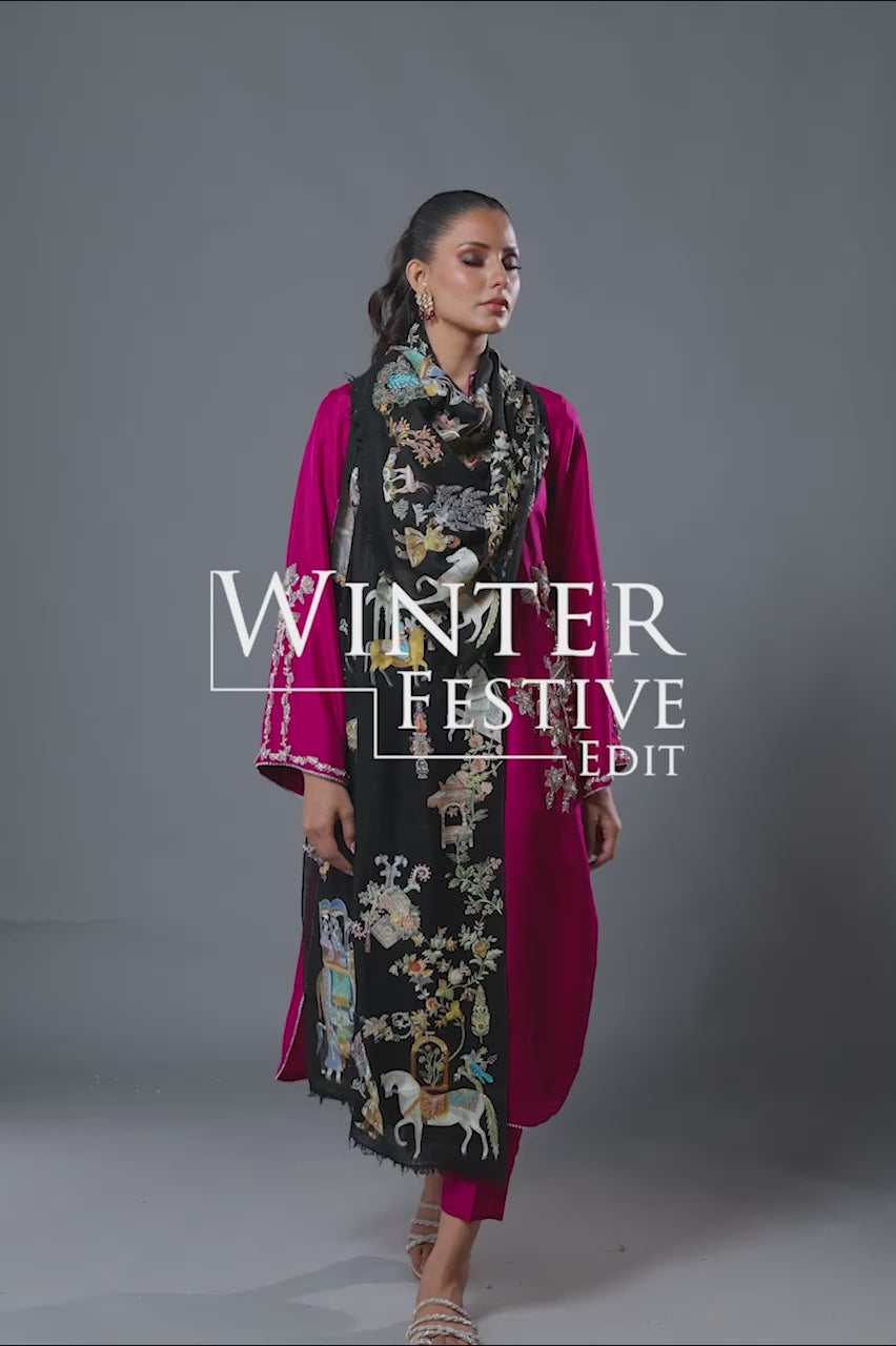 Pakistani Black Silk Thread Embroidered Pashmina Stole (1-Pc) - Image 7