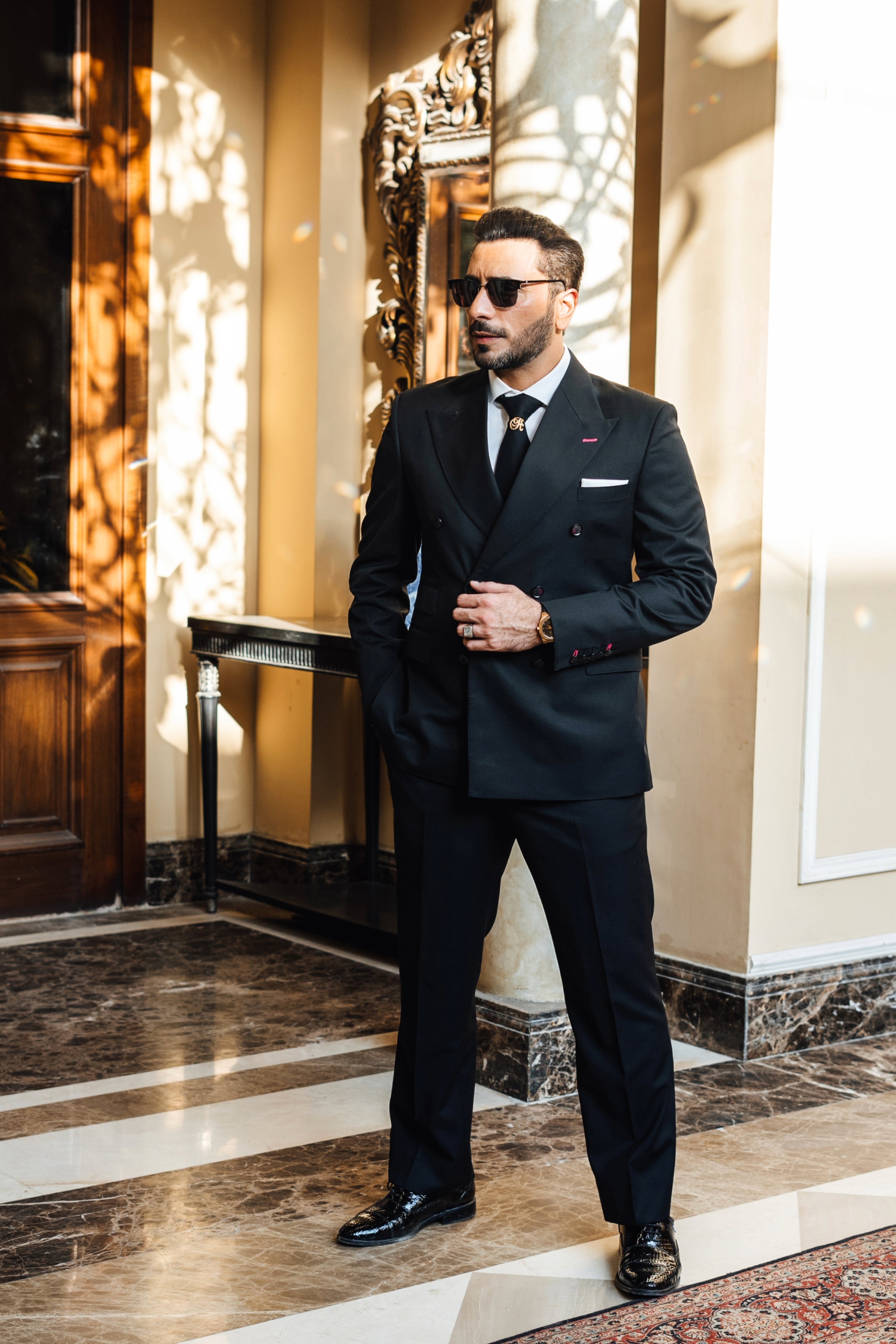 Black Italian Wool Double-Breasted Suit (3-Piece) - Image 2