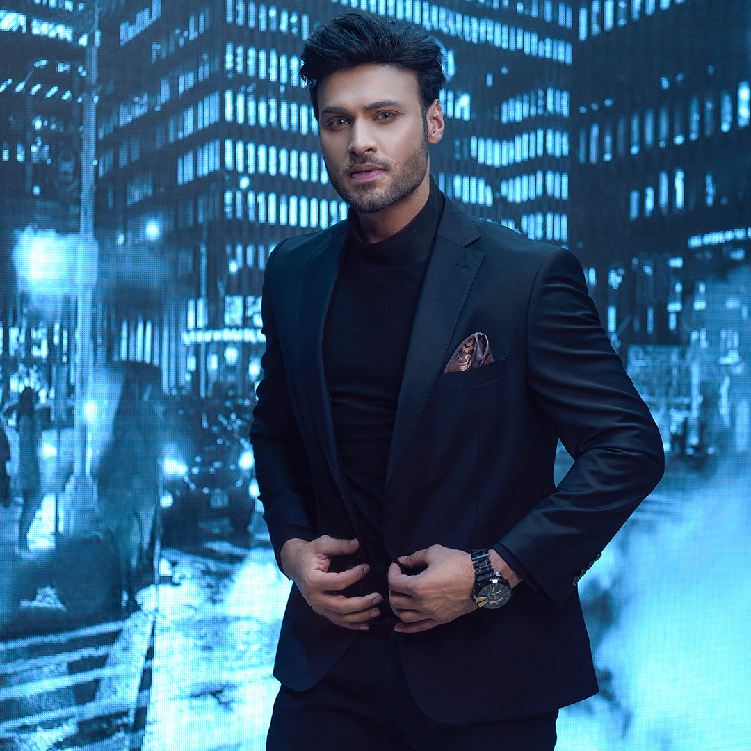 Black Jacquard Tuxedo Suit with Satin Lapels (2-Piece) - Image 2