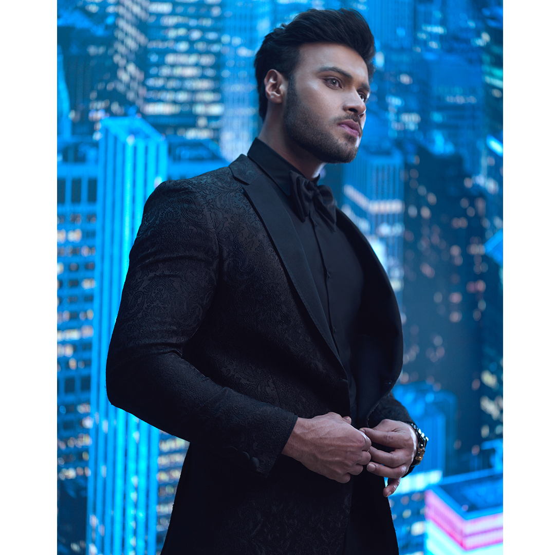 Black Jacquard Tuxedo Suit with Satin Lapels (2-Piece) - Image 3