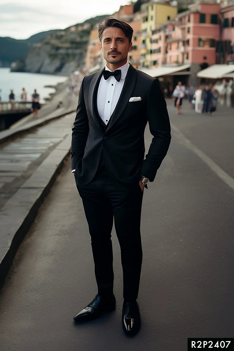 Black Satin Silk Shawl Lapel Tuxedo Suit (3-Piece) - Image 1