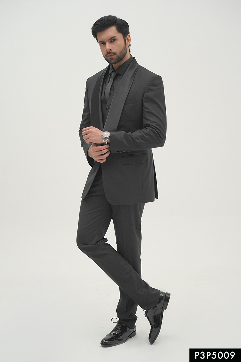 Black Satin Shawl Lapel 3-Piece Tuxedo Suit - Image 1