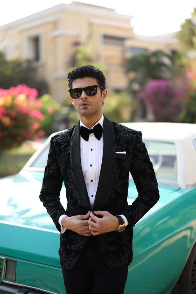 Black Hand-Embroidered Velvet Tuxedo (3-Piece) - Image 1