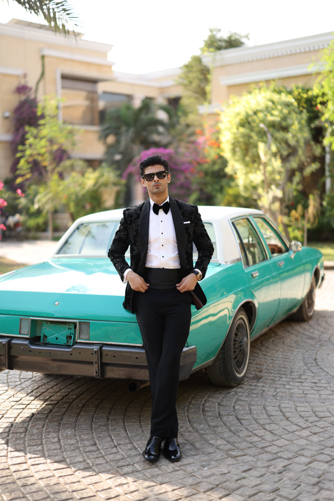 Black Hand-Embroidered Velvet Tuxedo (3-Piece) - Image 3