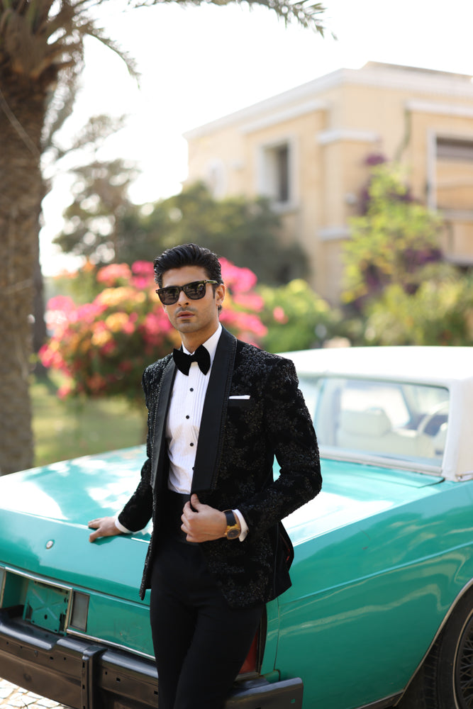 Black Hand-Embroidered Velvet Tuxedo (3-Piece) - Image 4