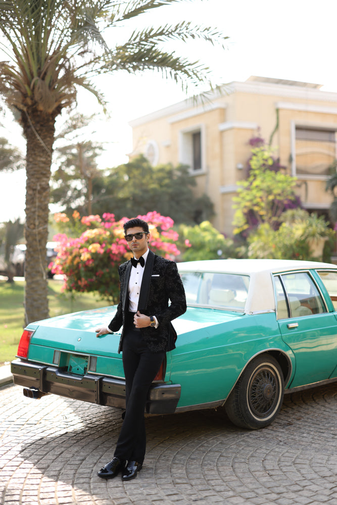 Black Hand-Embroidered Velvet Tuxedo (3-Piece) - Image 5