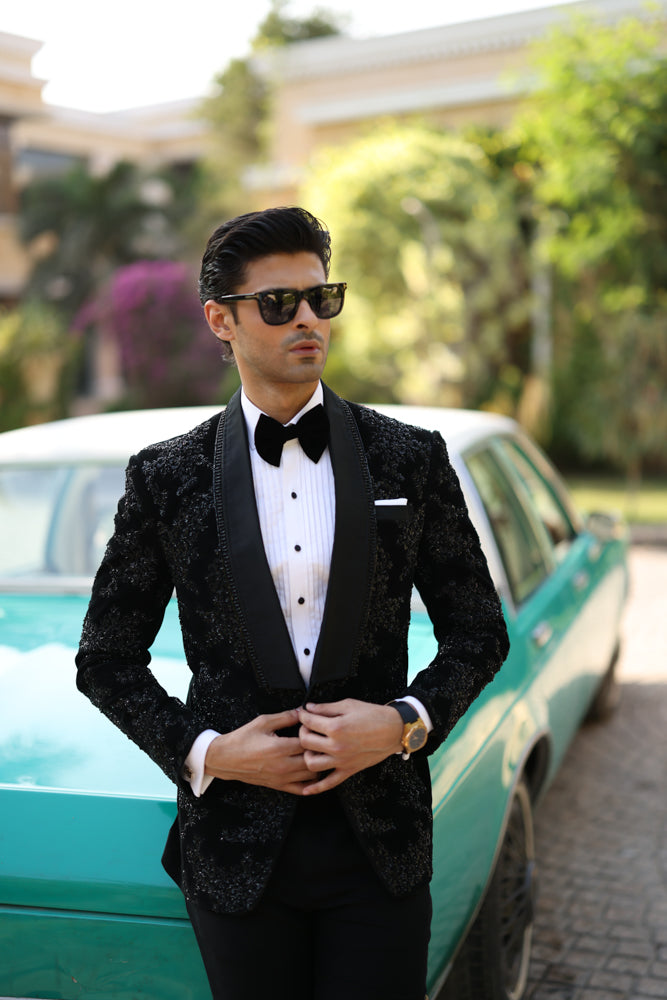 Black Hand-Embroidered Velvet Tuxedo (3-Piece) - Image 6