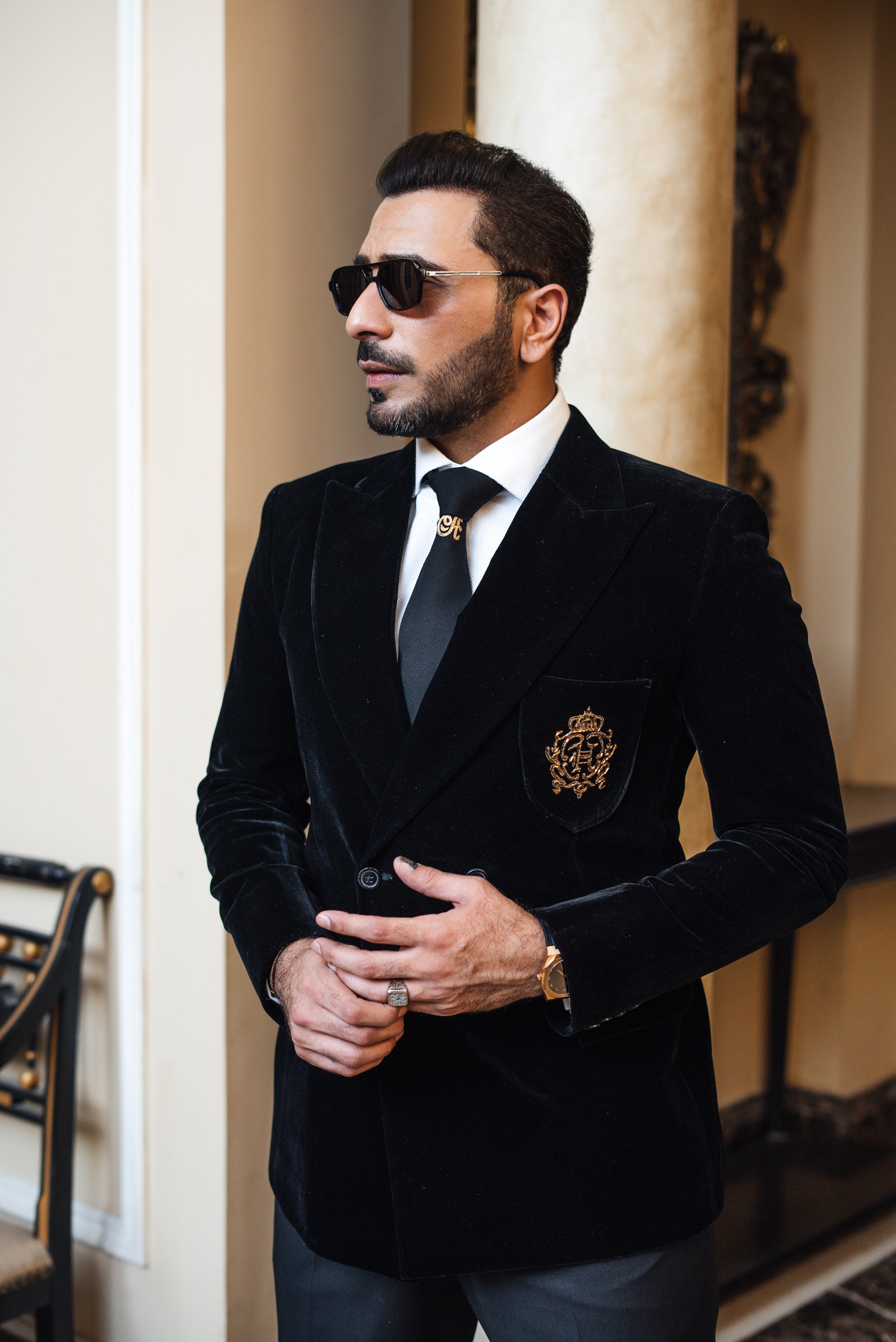 Black Gold Crest Embroidered Italian Velvet Tuxedo (2-Piece) - Image 2