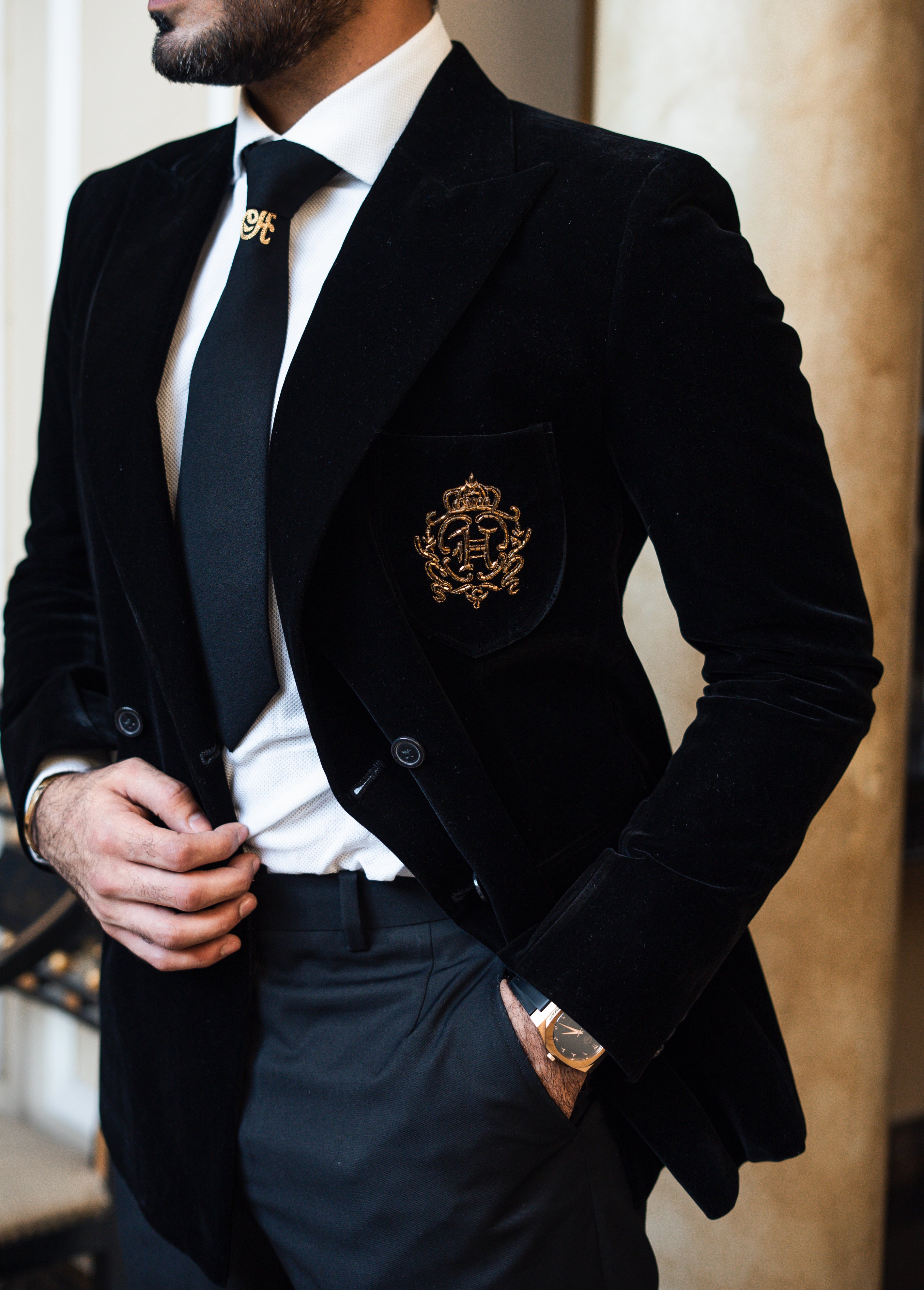 Black Gold Crest Embroidered Italian Velvet Tuxedo (2-Piece) - Image 3