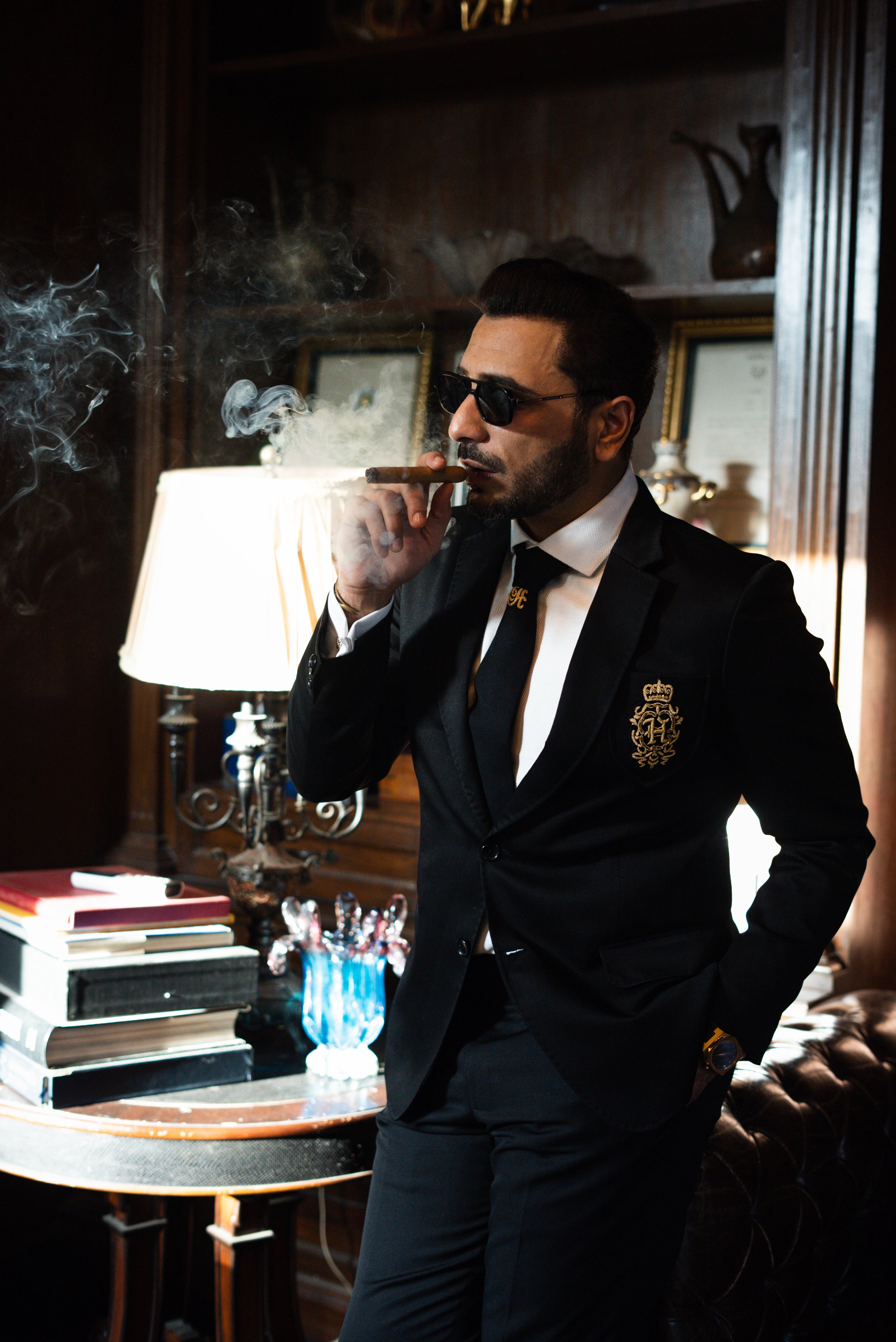 Black Gold Crest Embroidered Italian Velvet Tuxedo (2-Piece) - Image 4