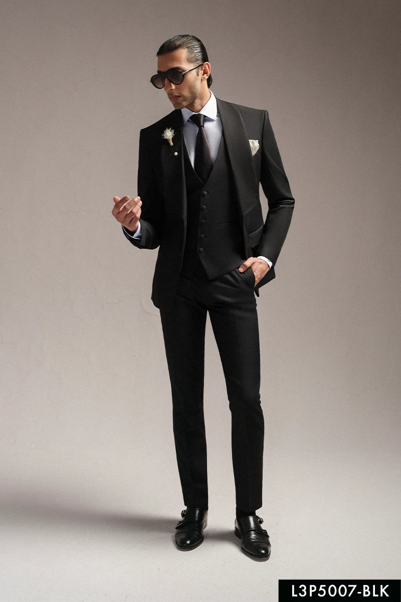 Black Embroidered Wool-Blend Tuxedo Suit (3-Piece) - Image 1