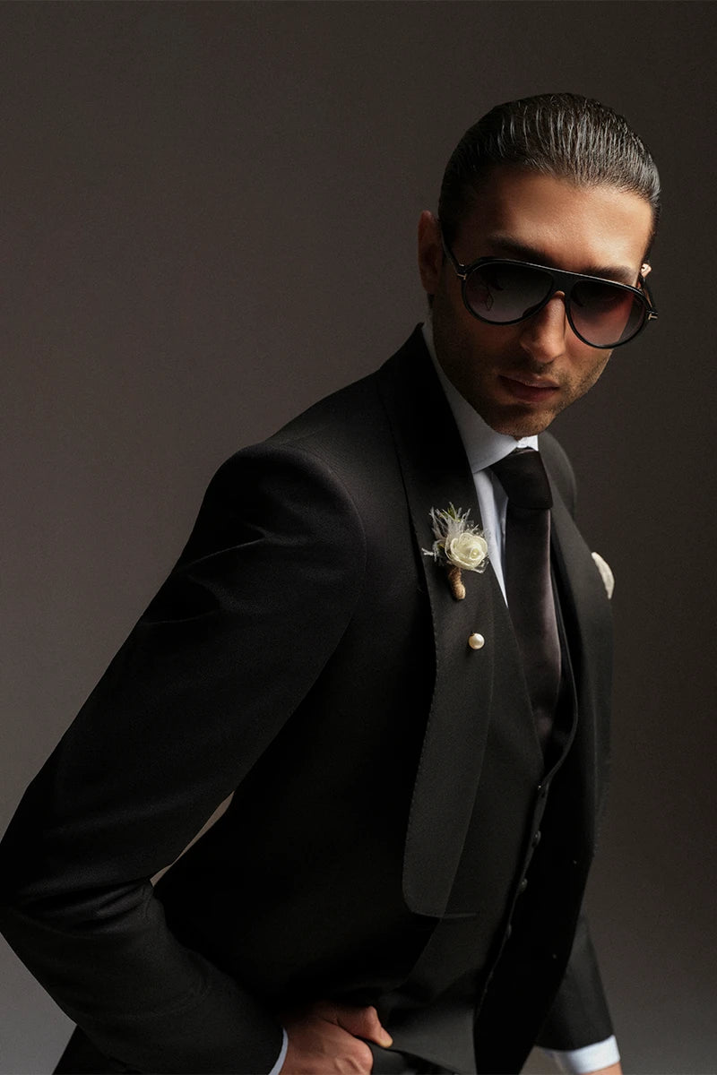 Black Embroidered Wool-Blend Tuxedo Suit (3-Piece) - Image 2