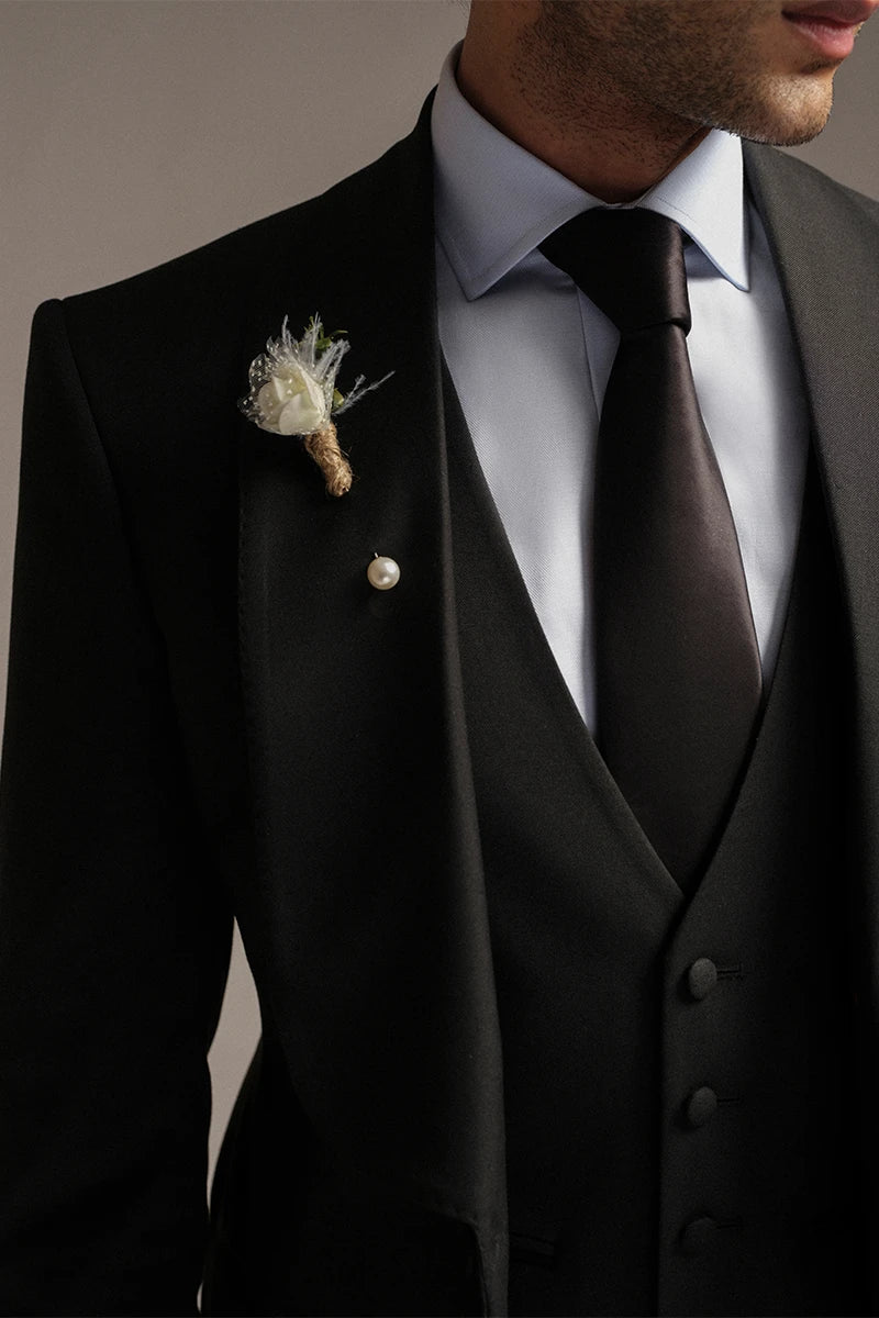 Black Embroidered Wool-Blend Tuxedo Suit (3-Piece) - Image 3