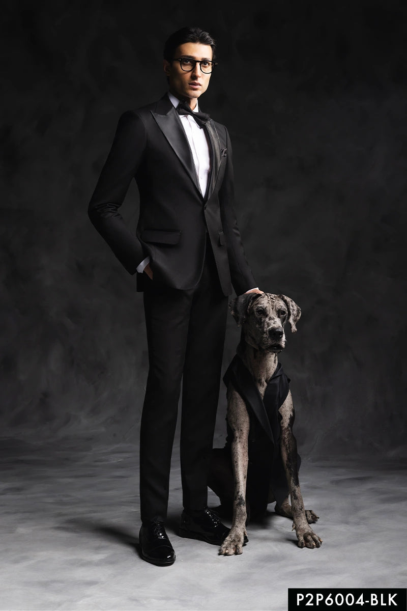 Black Satin Peak Lapel Wool-Blend Tuxedo (2-Piece) - Image 1