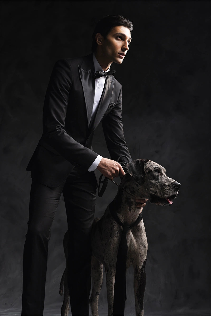 Black Satin Peak Lapel Wool-Blend Tuxedo (2-Piece) - Image 2