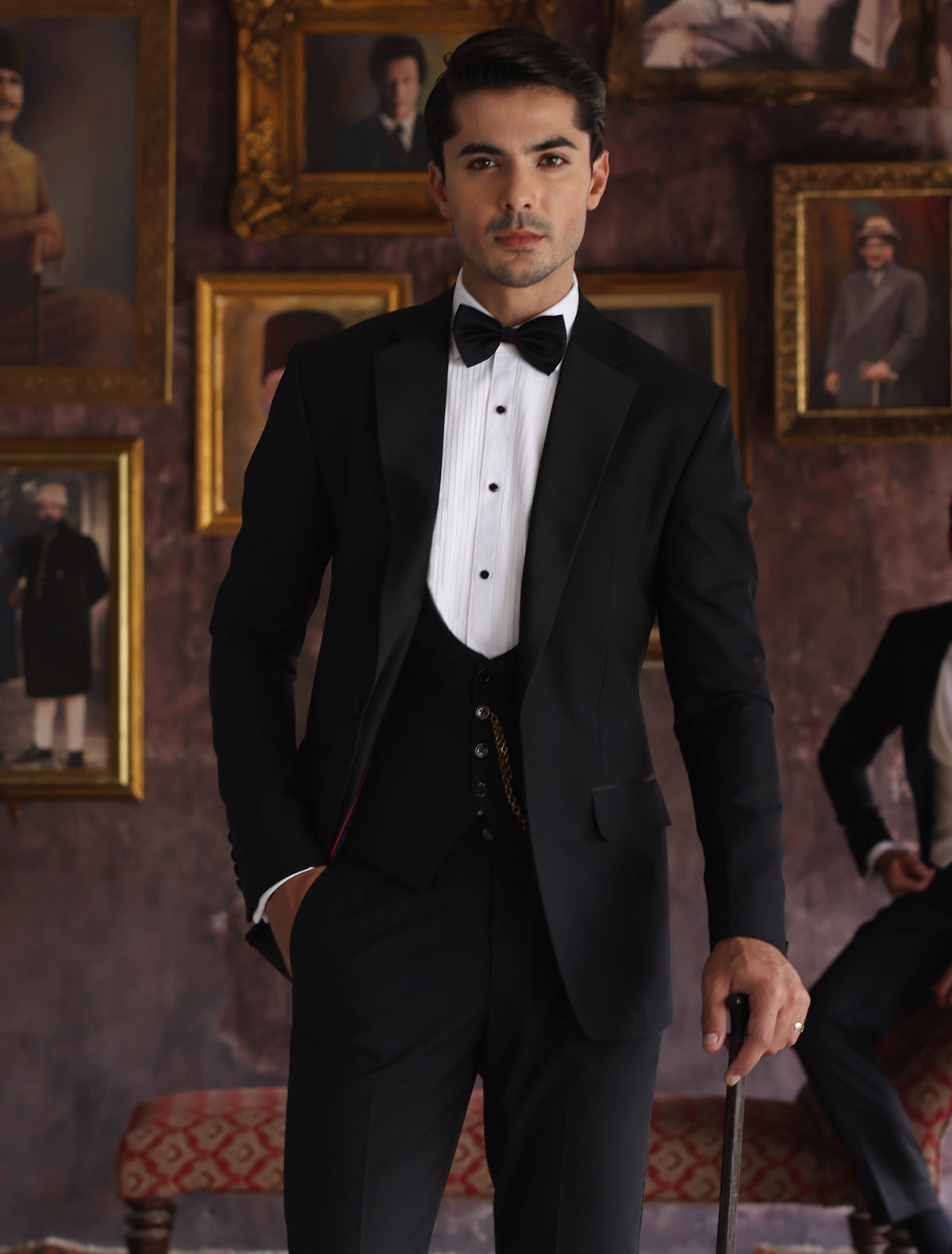 Black Satin Peak Lapel Tuxedo Suit (5-Piece) - Image 1