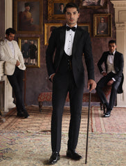 Black Satin Peak Lapel Tuxedo Suit (5-Piece) - Image 3